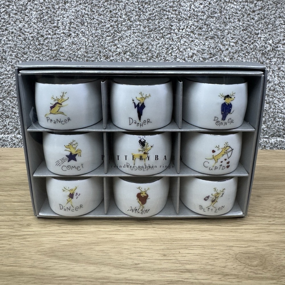 Pottery Barn Reindeer Christmas Napkin Rings Set of 9 Made in Japan In Box